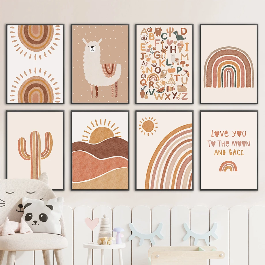 Baby Nursery Jungle - Alpaka Jednorożec Słońce Tęcza Kaktus Obraz