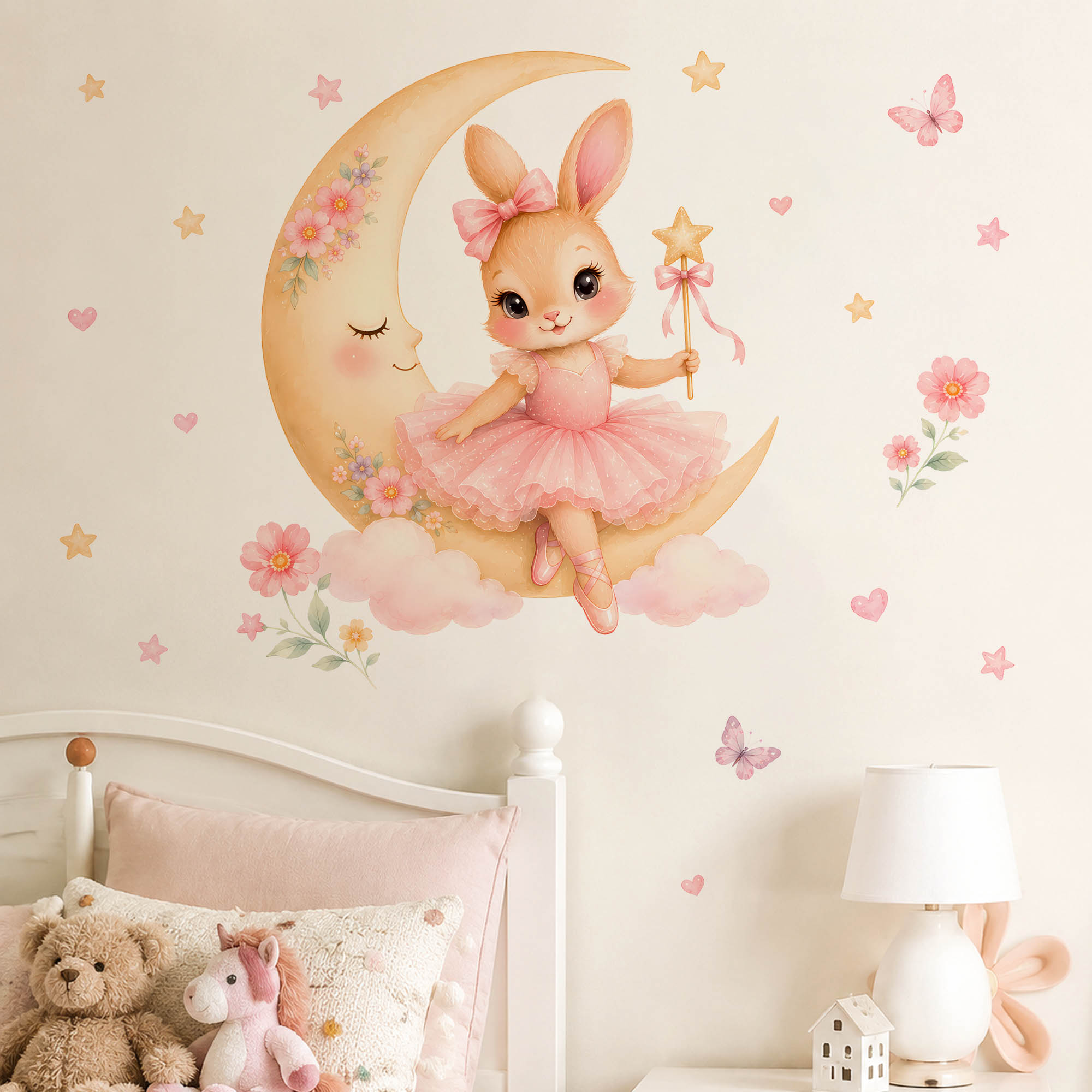 Baby Nursery Decor Girl - Naklejki ścienne akwarelowe: Balerina Króliczek Księżyc,