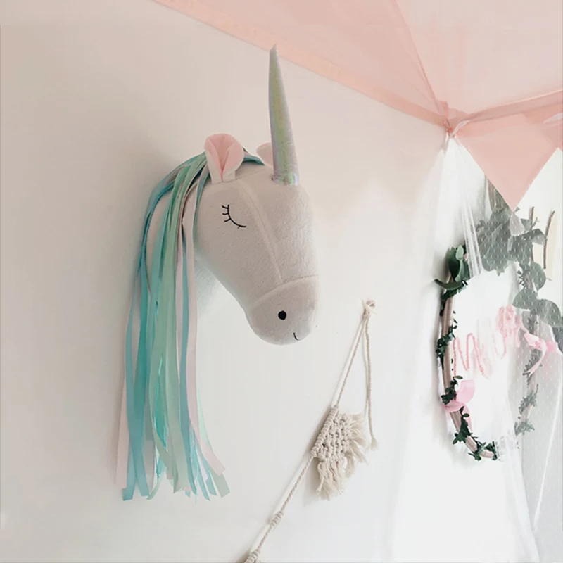 Baby Nursery Decor Girl - Pluszowa Głowa Jednorożca - Ozdoba Ścienna