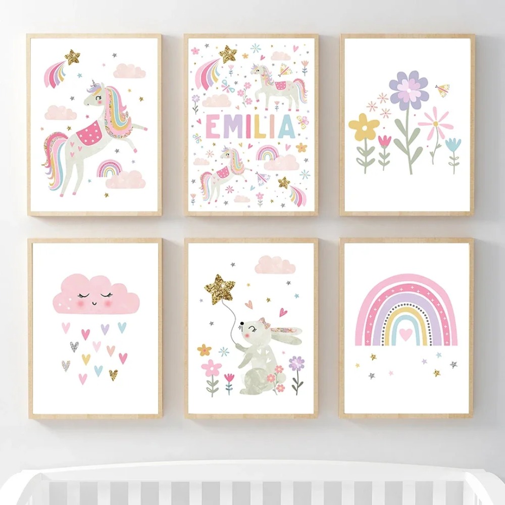 Baby Nursery Decor Girl - Różowy Jednorożec Królik Tęcza Chmura Kwiaty